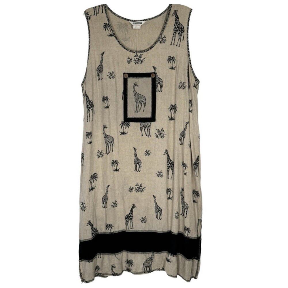 Vintage NINA PICCALINO Linen Blend Maxi Giraffe Print Sleeveless Dress Size 12 - Picture 2 of 10